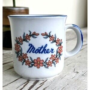 Vintage Rare Floral Mother Blue White Pink Coffee Tea Mug Cup / Korea / Retro